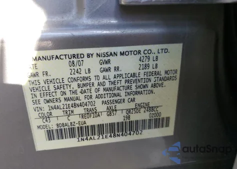 2008 Nissan Altima 2.5 from USA, damaged, VIN 1N4AL21E48N404702